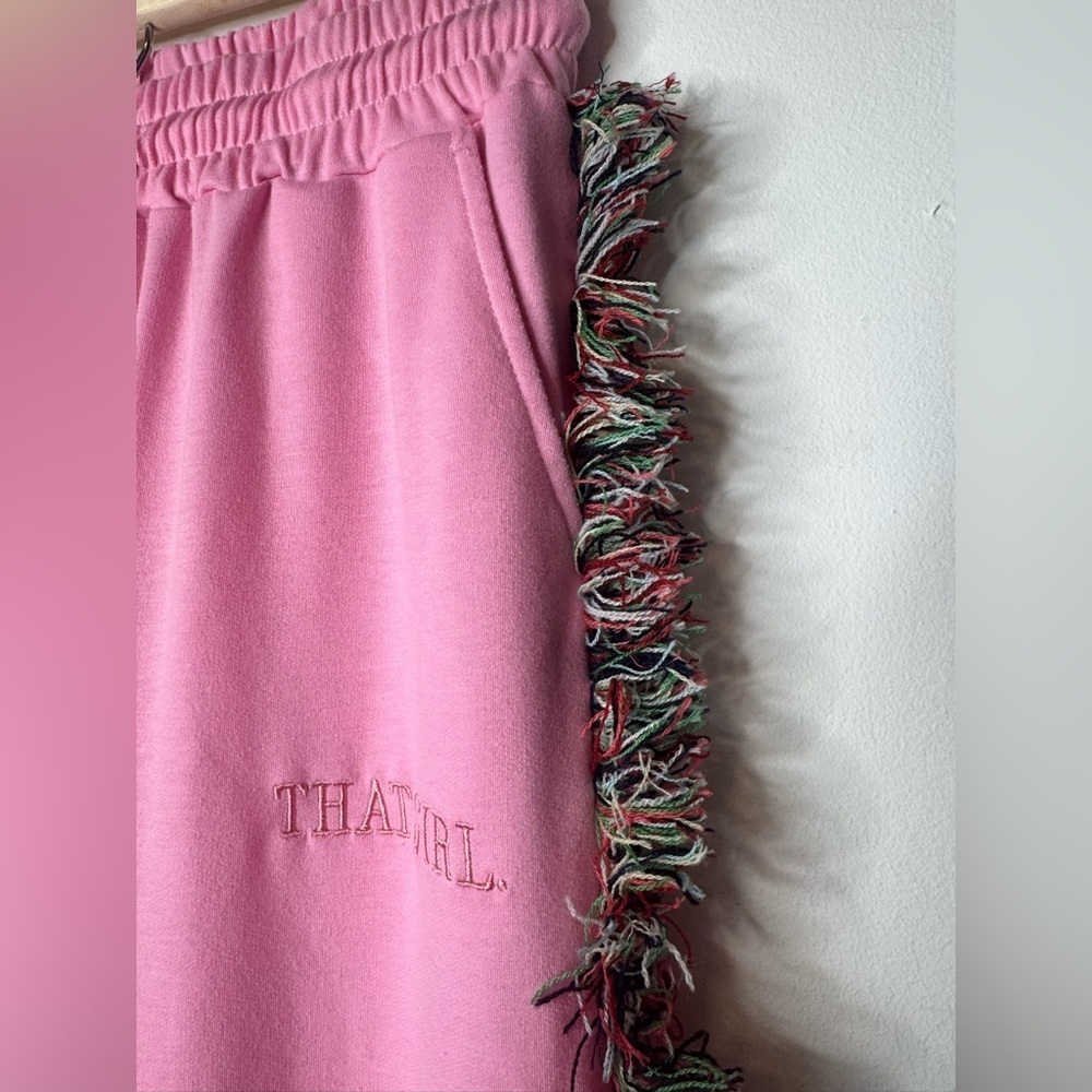 Minaa Monroe x That girl Pink Wide Leg Pants rainbow Fringe sweatpants small - Picture 3 of 6